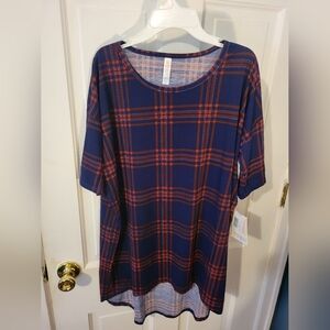 LuLaRoe Irma top XS Navy Blue Red plaid tunic